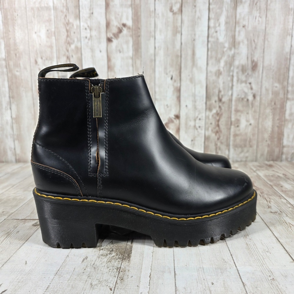 Dr. Martens Rometty II Black Leather Platform Chelsea Boots Womens 8 Zip Up Lug